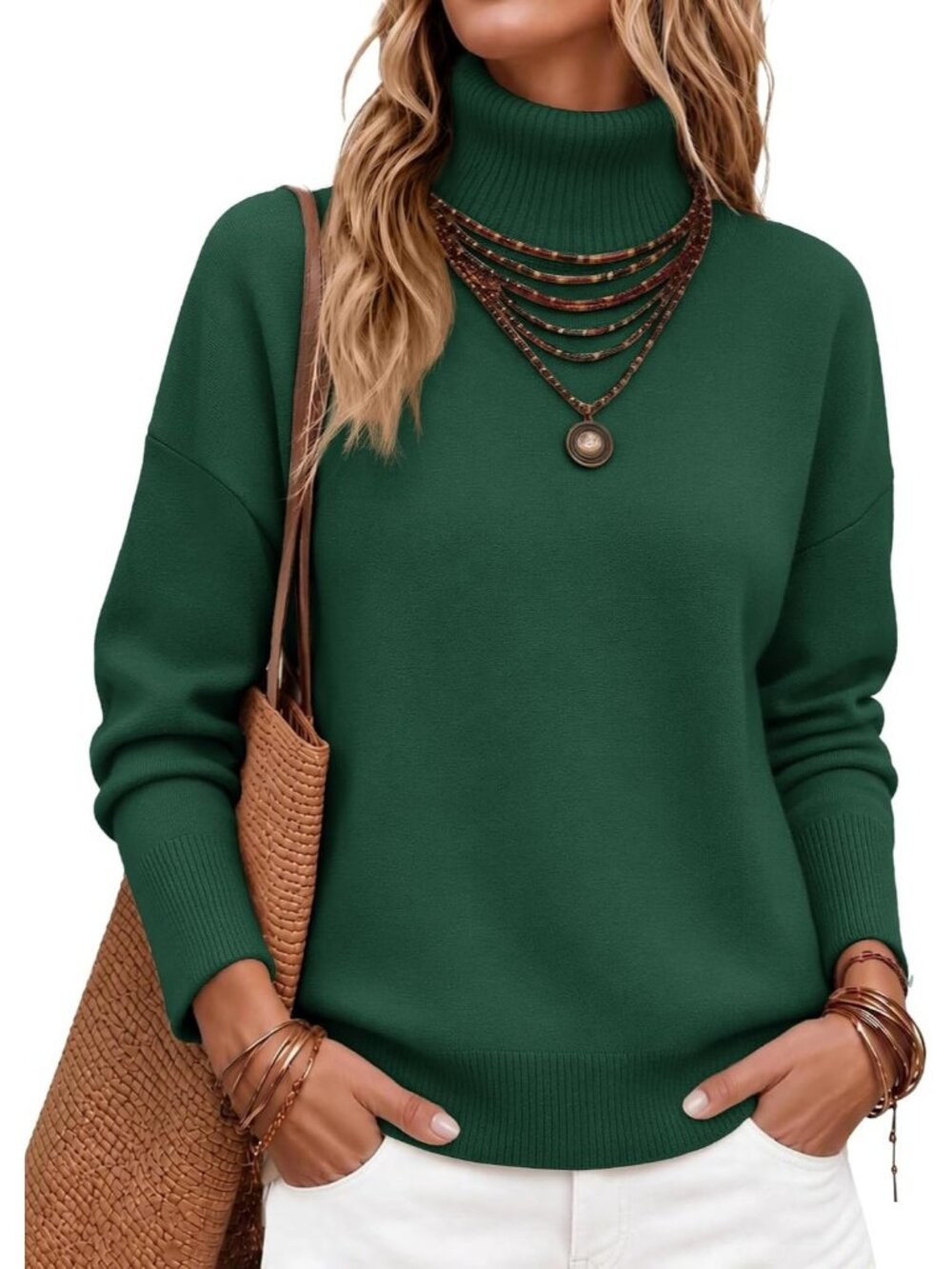 Women's Green High Low Hem Trendy Basic Jumper Top Casual Turtleneck Sweater